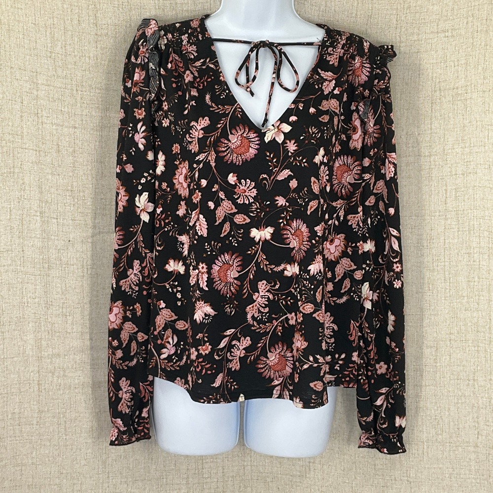 Melloday Womens Floral V-Neck Tie Top Black Pink Ruffle Shoulder Blouse Medium‎